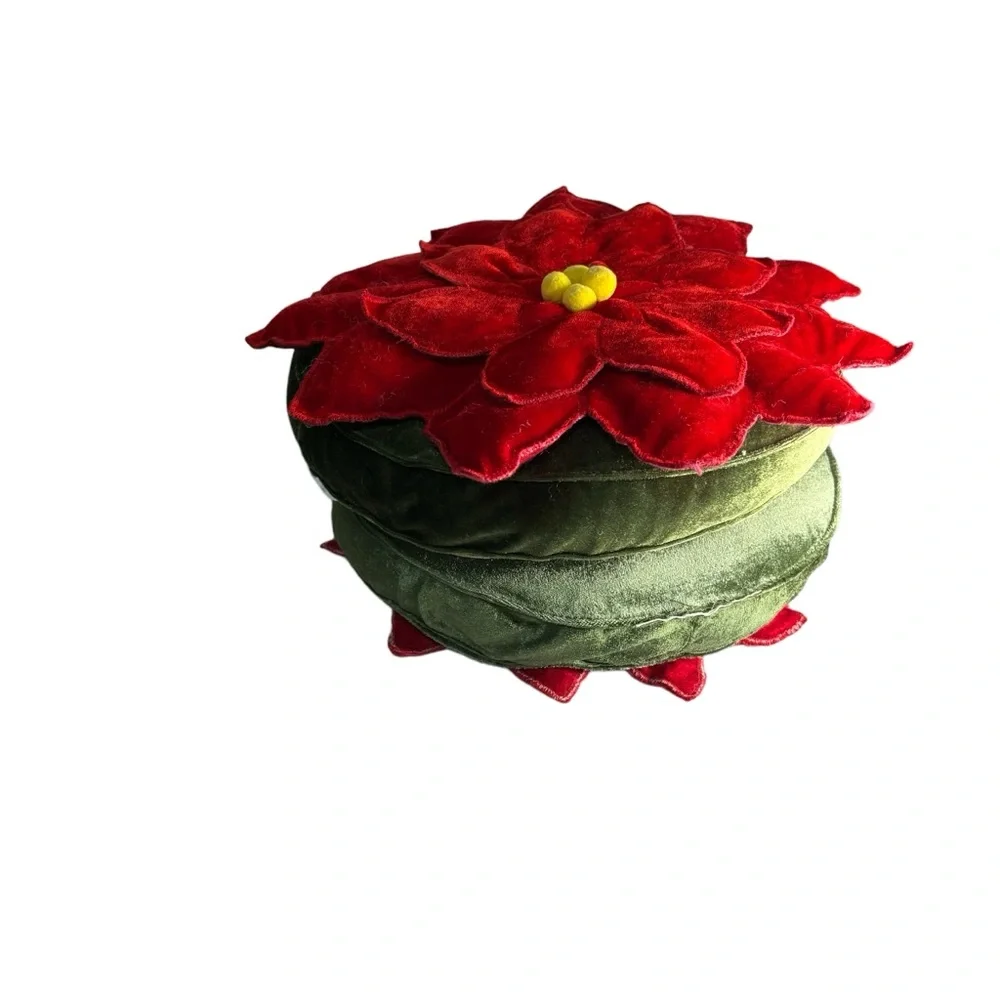 MCM Set 2 Christmas Poinsettia Throw Pillows Velour Velveteen Yellow Ball Fringe